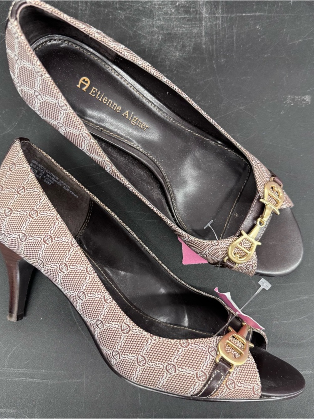 Etienne Aigner Brown Logo Pattern Peep-Toe Heels with Gold Hardware